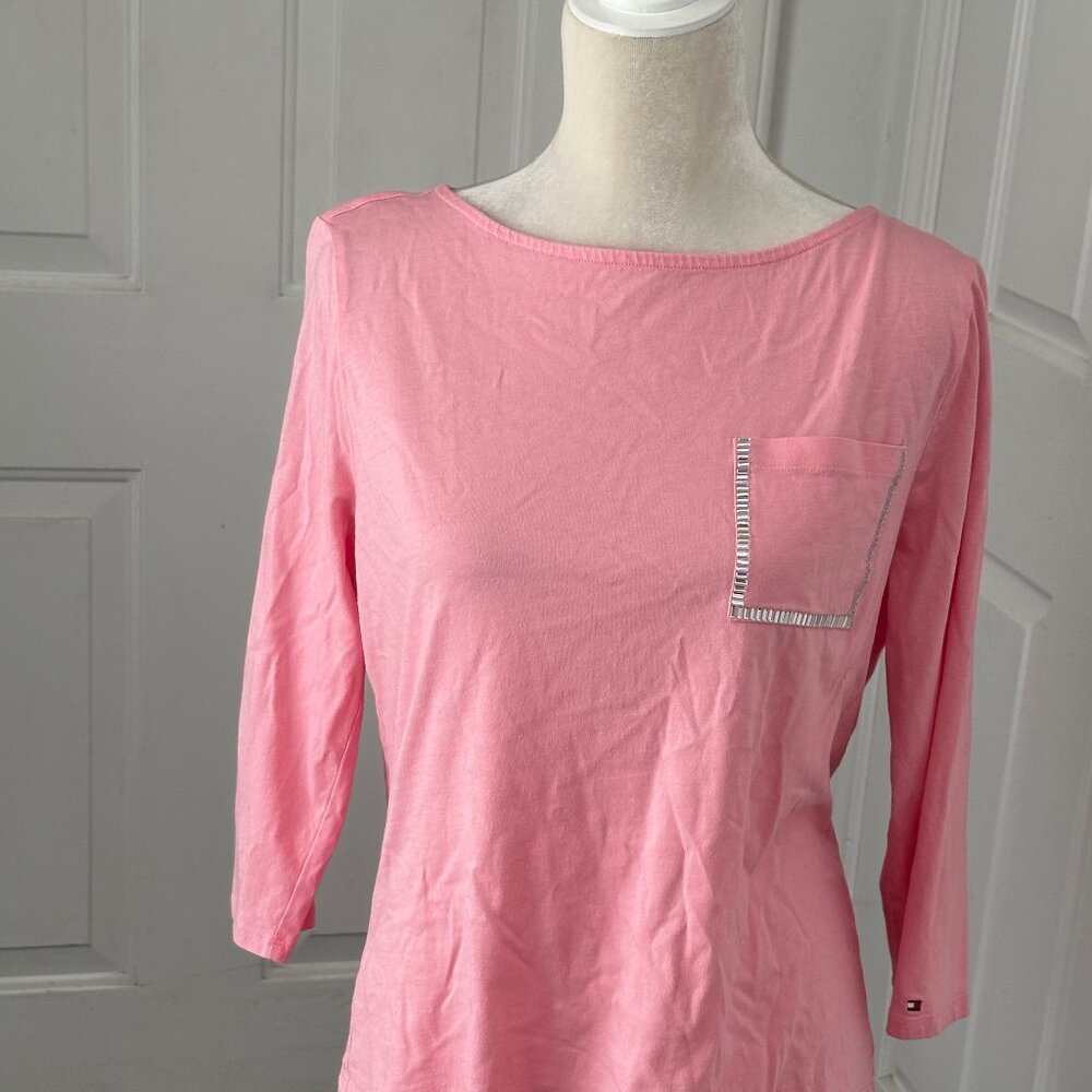 Tommy Hilfiger T-Shirt Boat Neck 3/4 Sleeve Pocket Mirrors! Size L